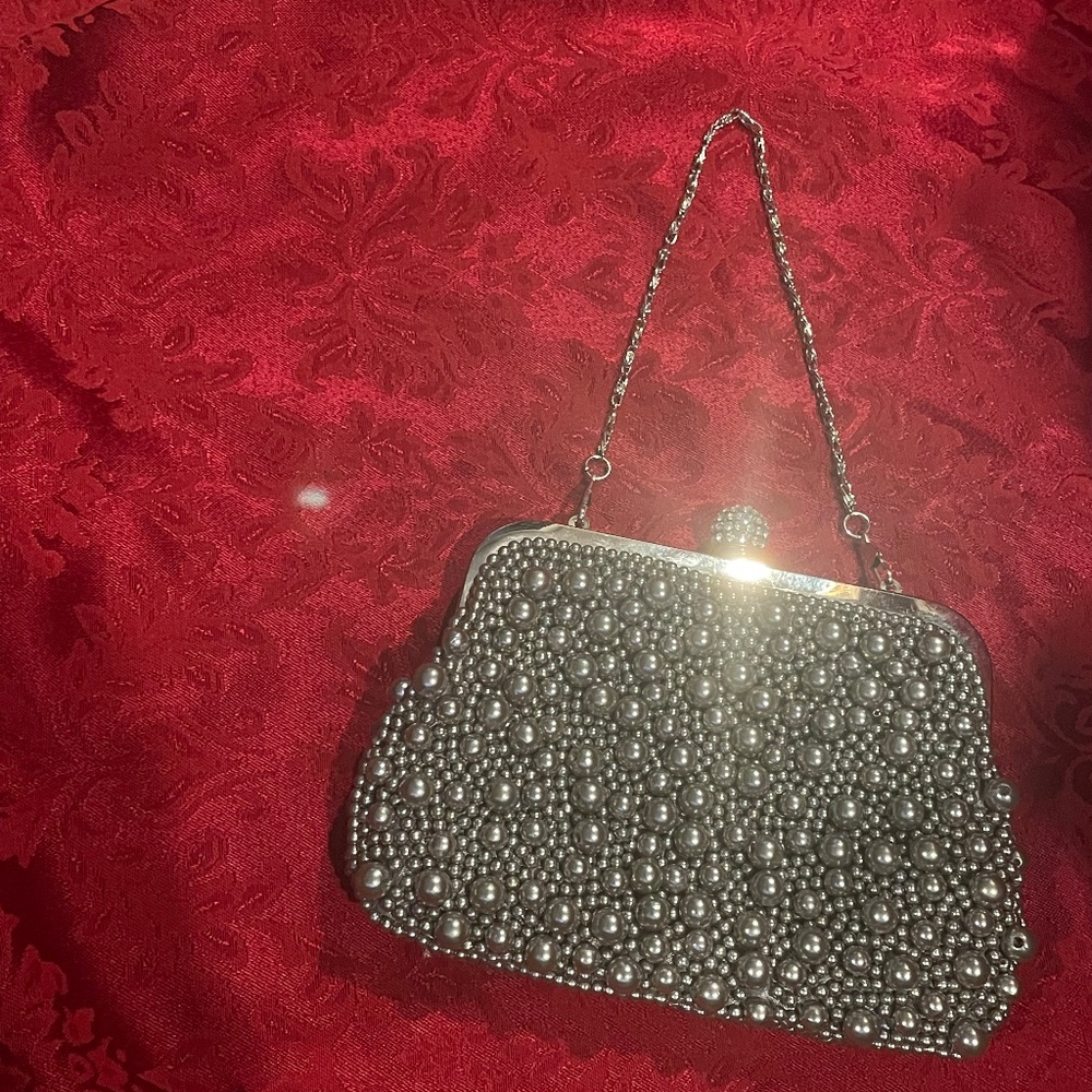 Gorgeous Silver Full Silver Beaded Mini Evening Bridal Handbag Purse